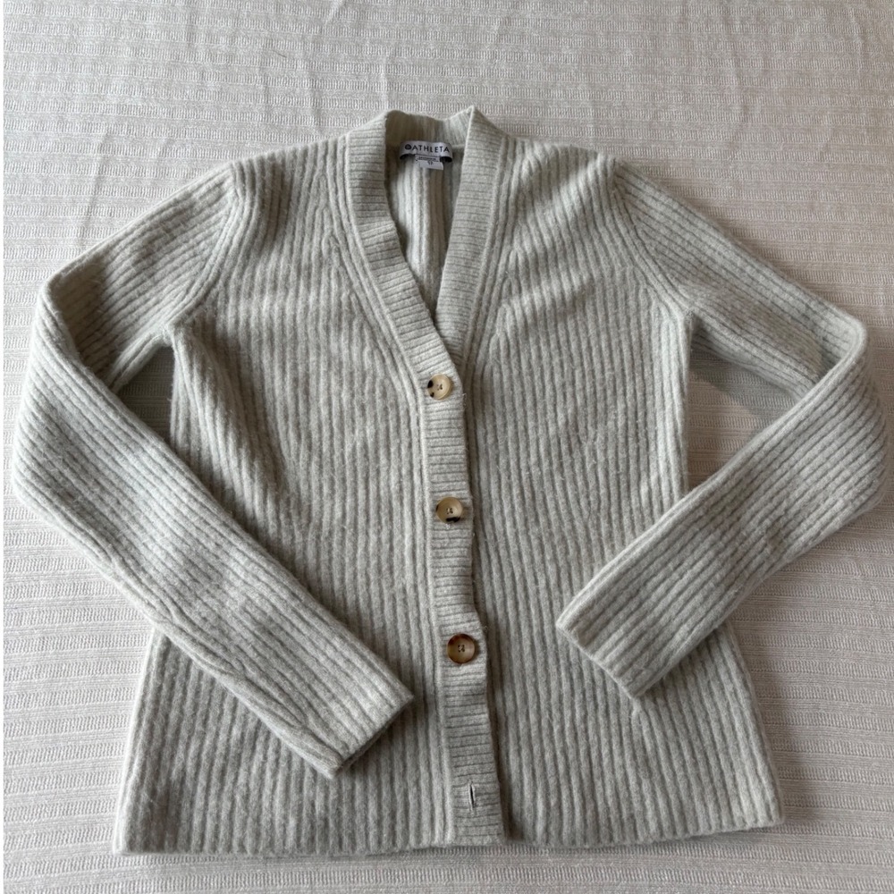 Athleta Merino‎ Wool Blend Ribbed Cardigan Sweater Heather Grey XS